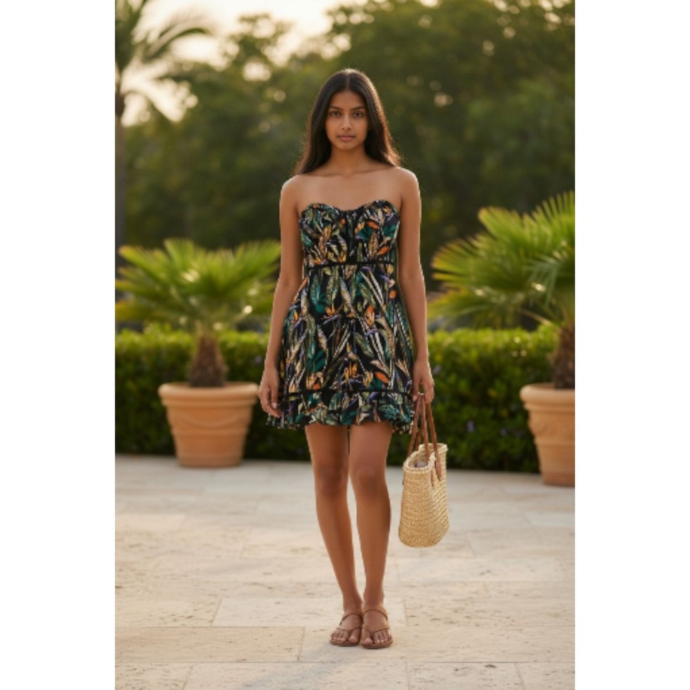 dbu dbu Tropical Floral Strapless Ruffle Hem Mini Dress - Picture 1 of 4